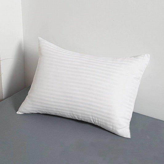Hotel-grade white bed pillow with striped brushed cover
