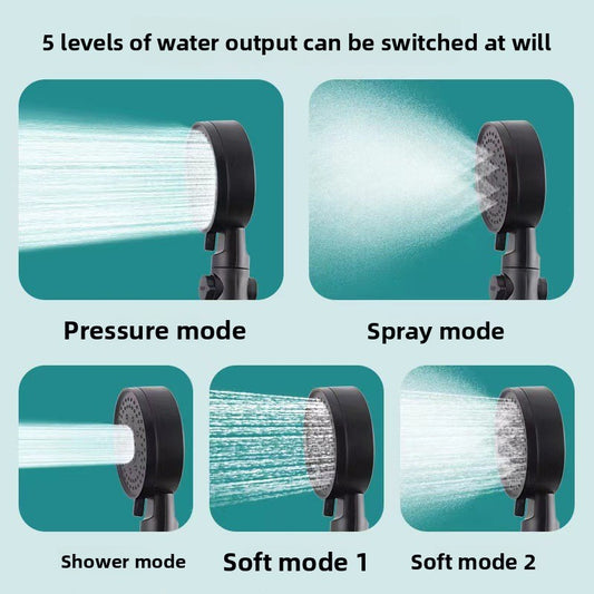 Black handheld pressurized shower head with five spray modes