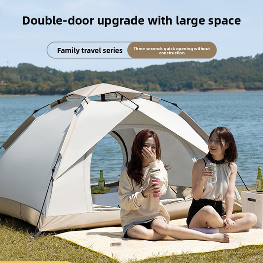 Instant pop-up camping tent pitched outdoors