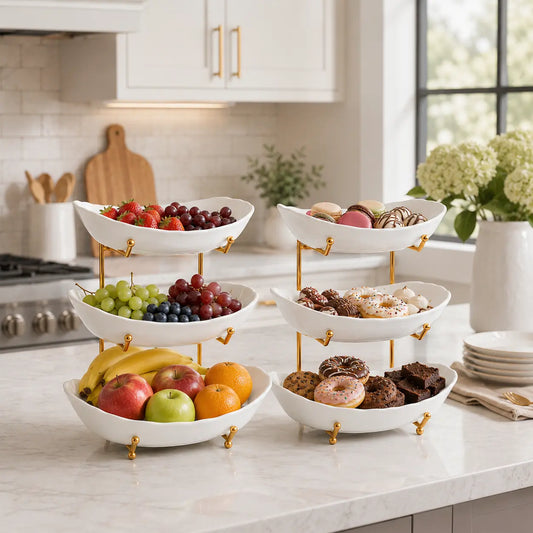 3-Tier Fruit Bowl Stand with gold metal frame holding fresh fruit on a kitchen countertop